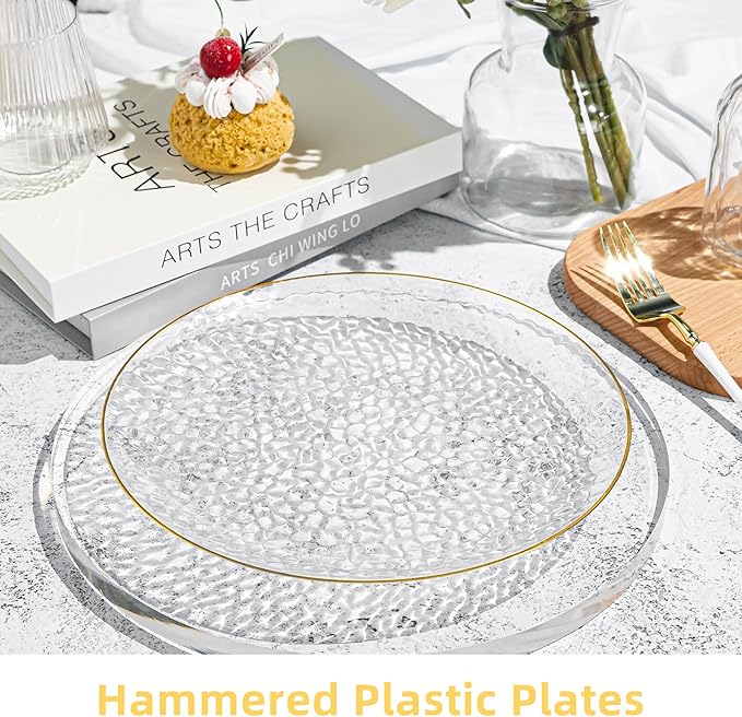 100PCS Clear and Gold Plastic Plates, 10 Inch Disposable Dinner Plates with Gold Rim, Heavy Duty Stone Texture Plastic Plates for Party and Weddings