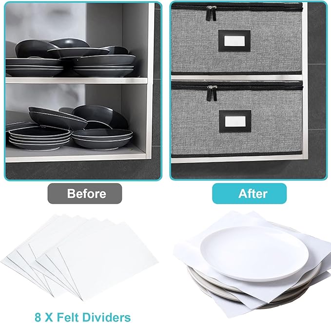 Quilted Platter Storage Case-Fine China Storage Containers Hard Shell for Organizing,Stackable Plate Storage Containers with 4 Felt Dividers,dinnerware Storage,Moving Box,Moving Supplies