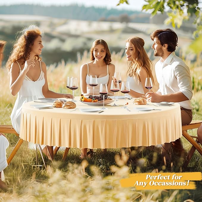 6 Pack Champagne Spandex Round Tablecloths for 60 inch Tables, Stretchy Fitted 5FT Round Table Cloth with Skirt for Wedding Party Dining Banquet