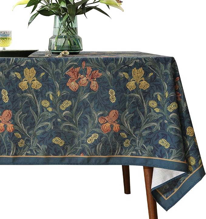 patdrea Designer Vintage Dark Blue Linen Rectangle Tablecloth,French Rustic Floral Pattern Tablecloths,Decorative Table Cover Cloth for Kitchen,Dining,Tea Party,Home,Christmas,55"*79"