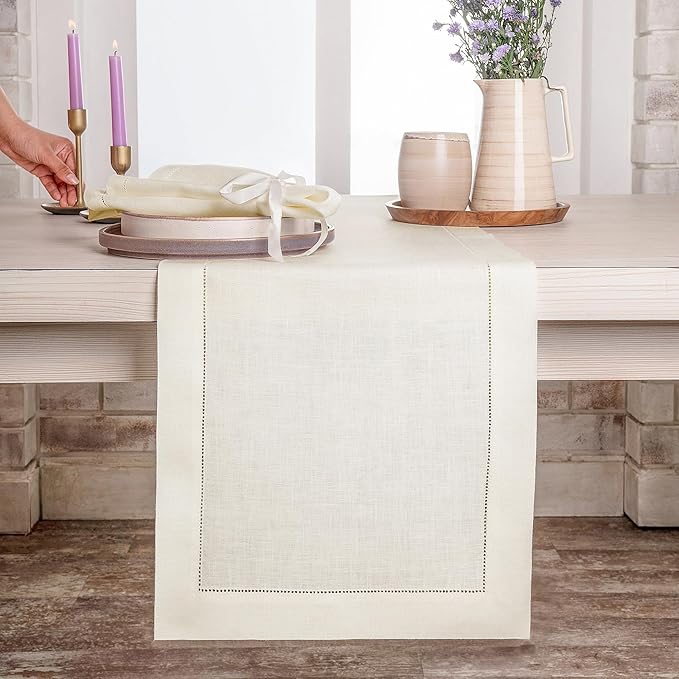 D'Moksha Homes Linen Ivory Table Runner 48 Inches - Classic Hemstitch, 100% Pure Linen Coffee Table Runner 14 x 48 Inch Ideal for Dresser Tables, Valentines, Spring, Easter