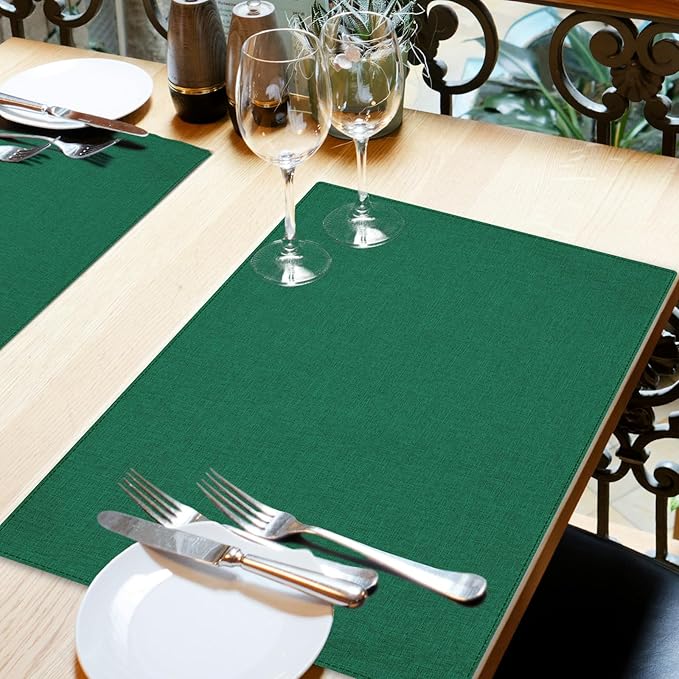 Cloth Placemats Set of 6, Cotton Linen Blend Machine Washable Double Layered Place Mats, Heat Resistant Placemats Wrinkle Free Thick Fabric Dining Table Mats for Indoors & Outdoors (Green, 6)