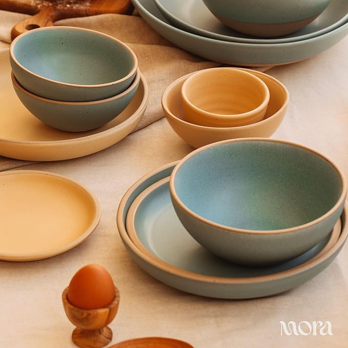 MORA Medium Dishes Set of 4, 30oz Ceramic Pottery Pasta Plate/Wide Bowls - Microwave, Oven and Dishwasher Safe - Iris