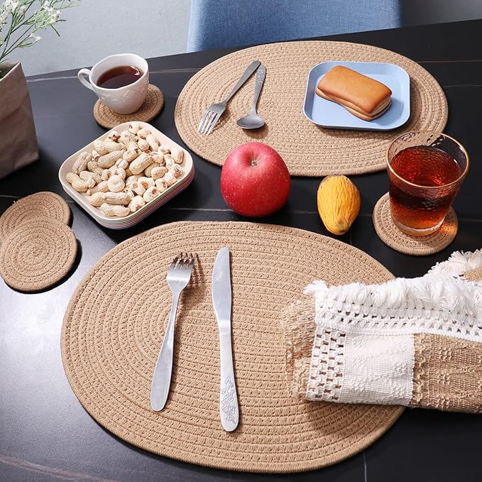 4 Pack Oval Woven Placemats and Set of 4 Round Fabric Coasters, Cotton Braided Tablemat Set, Heat-Resistant Pot Holders, 11.5 * 15.8'' Washable Plate Chargers for Christmas Table Decoration