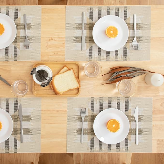 Winknowl Placemats Set of 6, Heat Resistant Stain Resistant Woven Vinyl Insulation Place mats, Durable Washable Elegant Table Mats for Kitchen Dining Table Decor (Geometric Beige)