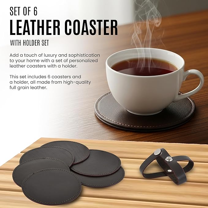 Genuine Leather, Premium Table Coasters by Leatherific, Round, 4 inch, Set of 6, with Holster, Handcrafted, Hand Made, Non Slip Drink Mats, Brown (Brunette Brown, 4")