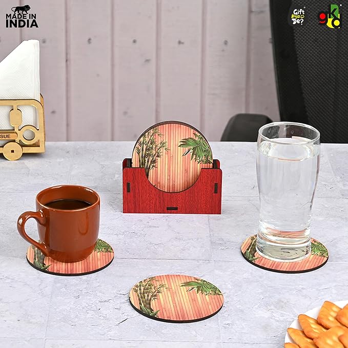 GKD Wooden Coasters for Drinks, MDF Wooden Coasters Set of 6 with Holder, 3.5 inches Eco-Friendly Absorbent Coaster for Coffee Table, Office, Bar, Drinking Glasses, Tabletop Protection