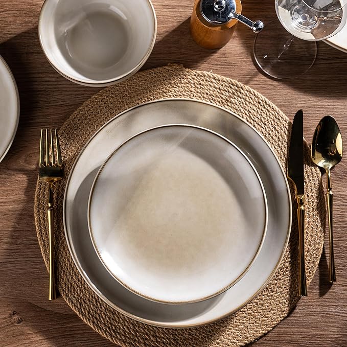 AmorArc Ceramic Dinnerware Sets for 4, 12 Pieces Handpainted Stoneware Plates and Bowls Set, Scratch Resistant Dishes Set, Dishwasher & Microwave Safe, Cappuccino