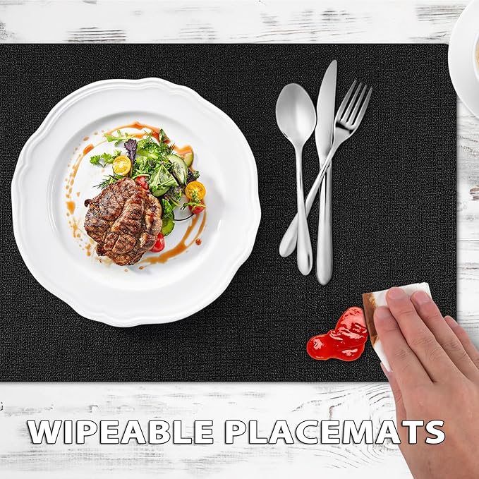 Placemats Set of 12 Washable, Heat Resistant Table Placemats Wipeable Faux Leather Place Mats Non Slip, Waterproof Square Table Mats for Indoor Outdoor, Black