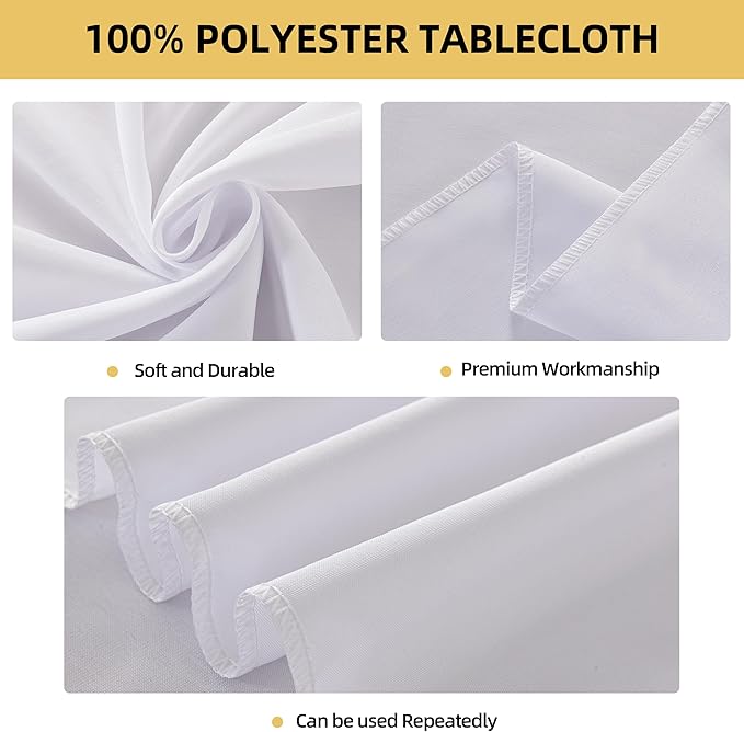 6-Pack Round 108-inch White Table Cloths, Solid Stain and Wrinkle Resistant Circular Tablecloth, Premium Plain Weave Polyester Fabric Table Linen Covers for Hotel, Banquet