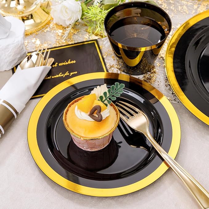 YOUBET 350PCS Black and Gold Plastic Plates - Gold Disposable Dinnerware Sets for 50 Guests - 100 Plastic Plates, 150 Gold Silverware, 50 Cups, 50 Pre Rolled Napkins for Party & Wedding