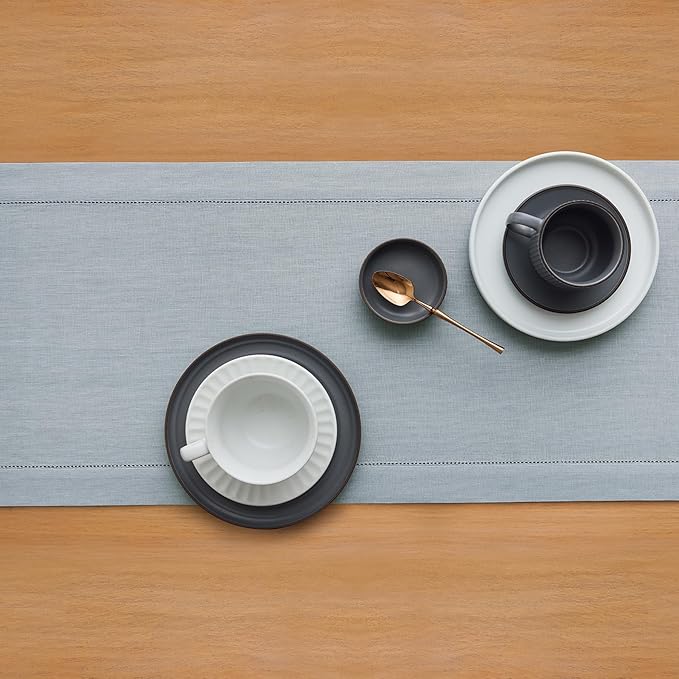 Solino Home Linen Dusty Blue Table Runner 48 Inches - Classic Hemstitch, 100% Pure Linen Coffee Table Runner 14 x 48 Inch Ideal for Dresser Tables - Winter, Spring, Easter