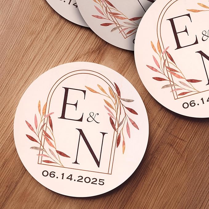100 Pack Personalized Wedding Coasters, Custom Cardboard Coasters for Drinks with Photo Print and Text, Keepsake Wedding Favors and Gifts for Couples, 3.95" Round (Design 3)