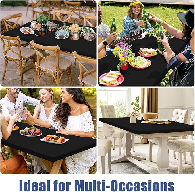 Spandex 6 Foot Rectangle Table Cloth 2 Pack, Elastic Fitted Tablecloths for Picnic, Stretch Washable Patio Table Cover for Outdoor, Camping, Banquet and Parties (Black, 36"x72")