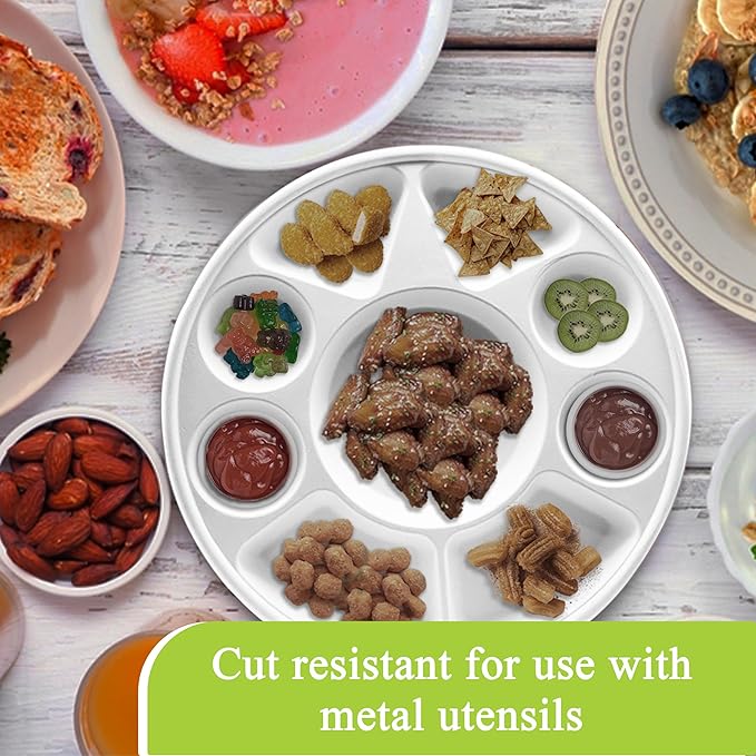 three leaf 9 Compartment Bagasse Round Plate, 50 Ct. Heavy-Duty- Super Strong- Natural- Eco-Friendly Disposable Bagasse Plates, 100% Biodegradable