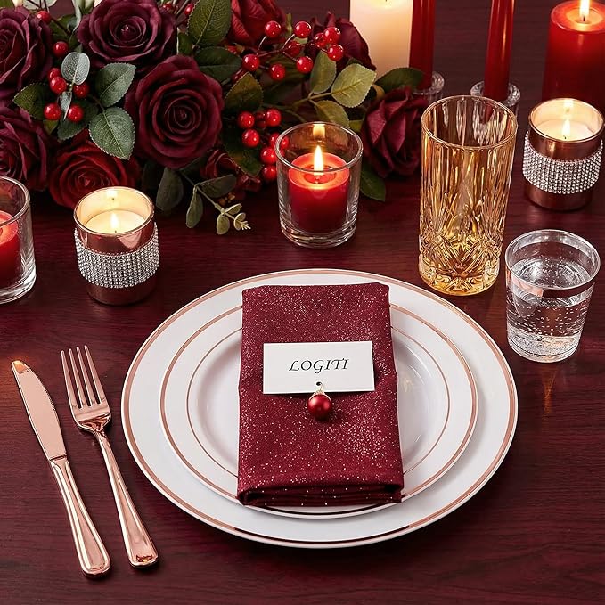 GATHER 350PCS Rose Gold Plastic Plates - Disposable Rose Gold Dinnerware Sets Includes 100 Gold Rimmed Plastic Plates, 150 Silverware, 50 Napkins, 50 Cups for Party, Wedding, Valentine's Day