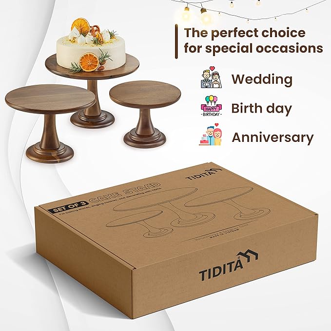 Set of 3 Acacia Wood Cake Stand Set – Wooden Rustic Farmhouse Cupcake Stand - Wedding and Birthday Decorating Cake Pedestal Stand - Dessert Display Serving Use at Parties, Restaurants, Birthday