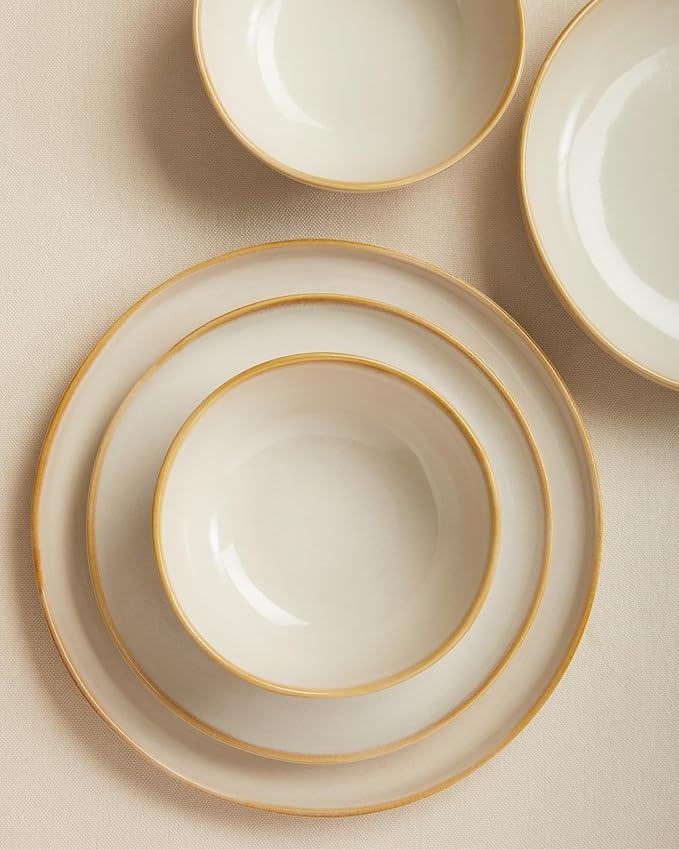 32 Piece Dinnerware Set for 8 with Pasta Bowls, Yellow White Reactive Glaze Stoneware | All‑in‑One Host Set for Entertaining, Holiday Meals, Multi‑Course Dish Set | Unique Irregular Look