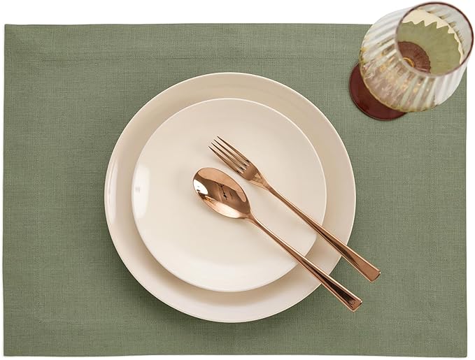 Solino Home Linen Cloth Placemats Set of 4 - 100% Pure Linen Oil Green Placemats 14 x 19 Inch for Spring, St Patricks Day, Easter - Fete