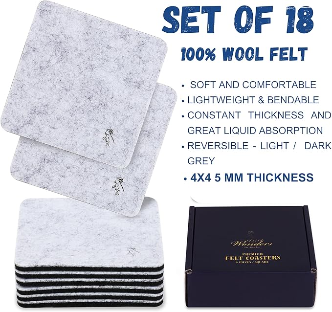 A&A Wonders Premium Felt Coasters for Drink, Two-Tone Reversible, Absorbent Felt Protects Furniture, Table, Anti Slip, Suitable for Drinks & All Table Types (Light Gray/Dark Gray, Square 18 Pack)