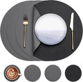 Myir JUN Round Placemats Set of 4 Faux Leather Place Mats and Coasters 15 inch Round Table Mats Dual Sided Non-Slip Stain Resistant Placemats (Gray & Black, Set of 4)