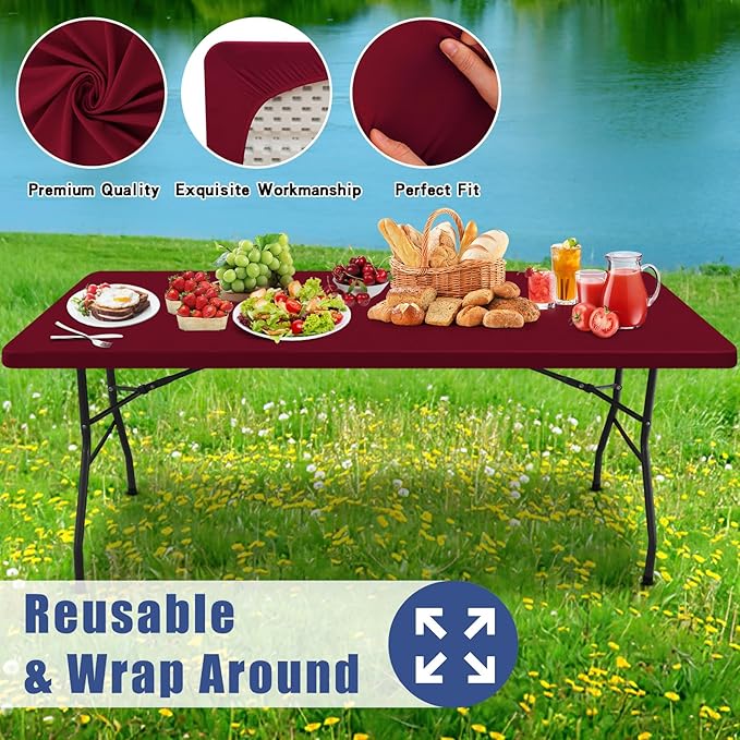 Spandex 4 Foot Rectangle Table Cloth 2 Pack, Elastic Fitted Tablecloths for Picnic, Stretch Washable Patio Table Cover for Outdoor, Camping, Banquet and Parties (Wine Red, 30"x48")