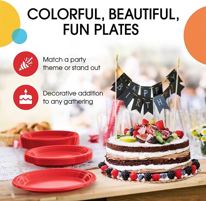Red Plastic Plates For Party 7" Red Disposable Plates Heavy Duty 100 Pcs Plastic Dinnerware Sets Heavy Duty 350 GSM Disposable Dinnerware Set
