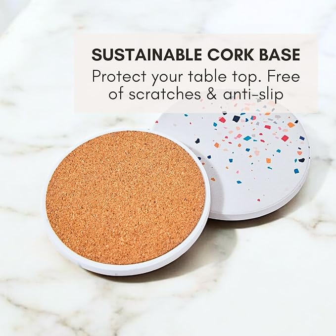 Terrazzo Coasters Set of 6, Ceramic Absorbent Drink Coasters, Cute Moisture Absorbing Coaster, Coffee Table Desk Decor, Colorful Stone Coaster for Drinks (Color Burst)