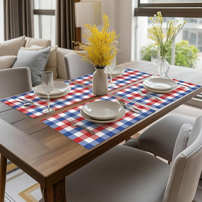 Artoid Mode Buffalo Plaid Vinyl Placemats Set of 4, 12x18 Inch Washable Non-Slip Heat Resistant Plastic Place Mats for Party Dining Table, Blue/Red