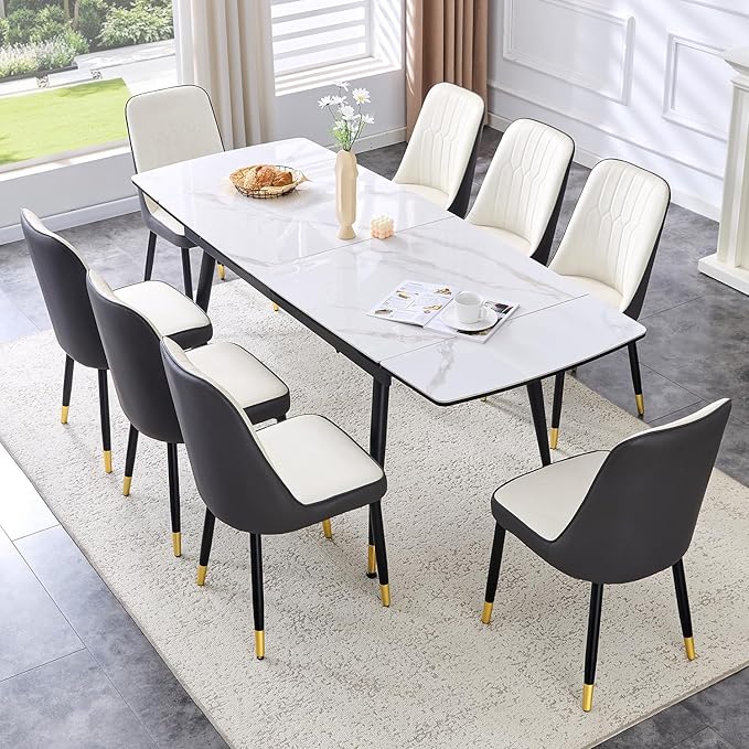 Extendable Dining Table Set for 8, 55'' to 78.8'' Rectangular Thickened Sintered Stone Kitchen Table with 8 Upholstered Chairs, Modern Space Saving 9-Piece Dinner Table Set