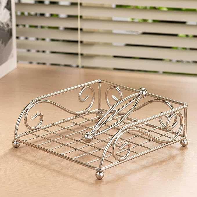 Napkin Holders for Table Metal Napkin Holder for Kitchen with Weight Arm Flat Napkin Dispenser Stainless Steel Lavish Home Hotel Decorative Holder Silver Chrome(7" L X 7" W X 2.5" H)
