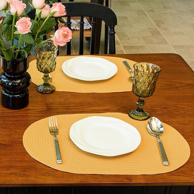 Noctiflorous Oval Braided Placemats Set of 6 Woven 12x18 Inch Non Slip Washable Heat Resistant Place Mats Round Tablemats for Dining Kitchen Party Daily Table Decor Dinner Mats (Solid Yellow, 6)