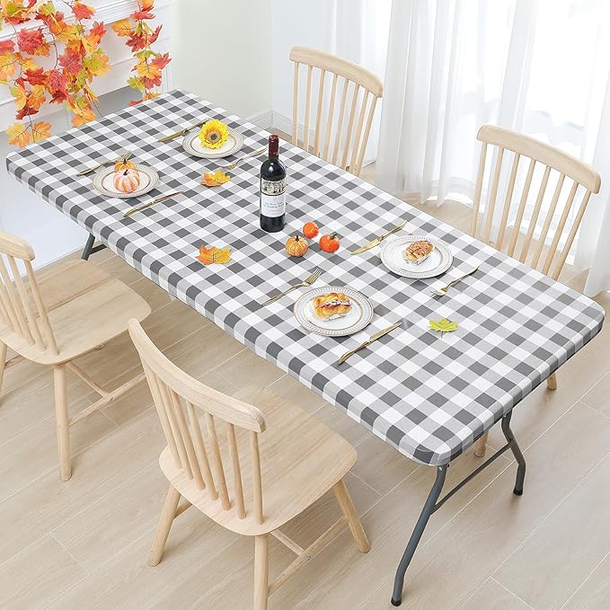 Smiry Rectangle Picnic Table Cloth, Elastic Waterproof Fitted Vinyl Tablecloths, Flannel Backed Buffalo Plaid Table Covers for Dining, Camping, Outdoor (White and Grey, 24" x 48")