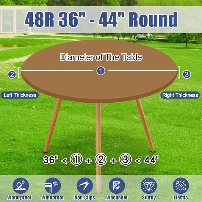 Round Spandex Tablecloth, Elastic Fitted Waterproof Tablecloths for 36"-44" Tables, Stretch Washable Picnic Table Cover for Camping, Dining, Indoor and Outdoor,Brown