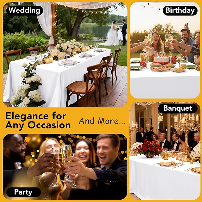 6-Pack White Tablecloths for Rectangle Tables, 90 x 156 Inches, Stain-Resistant Polyester Fabric for 8 Foot Tables - Washable Table Covers for Weddings, Banquets, Birthday Parties, Events