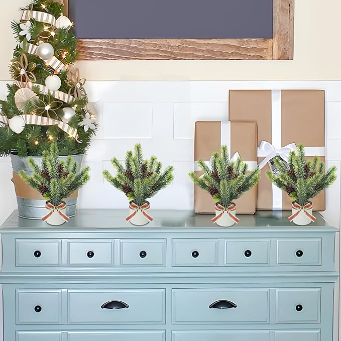 4PCS Christmas Potted Plant, Tabletop Small Christmas Tree with Pine Cones Fake Plants Christmas Greenery for Table Centerpeice Home Office Bathroom Farmhouse Decoration