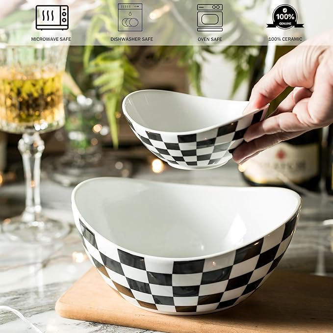 Tiered Serving Bowls Chip and Dip Serving Set with Stand, Ceramic Appetizer Serving Dishes Platters and Trays for Parties Entertaining - Checkered Kitchen Decor