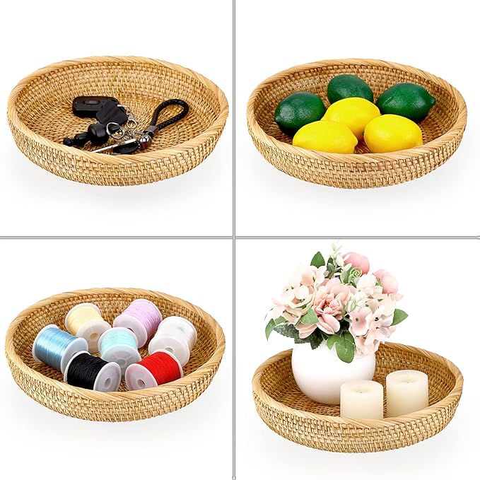 Hipiwe 9.9" Round Key Basket Bowl for Entryway Table Wicker Storage Basket Woven Keys Bowl Holder Crackers Fruit Candy Serving Tray Rattan Organizer Basket for Remote Control Wallet Cell Phone