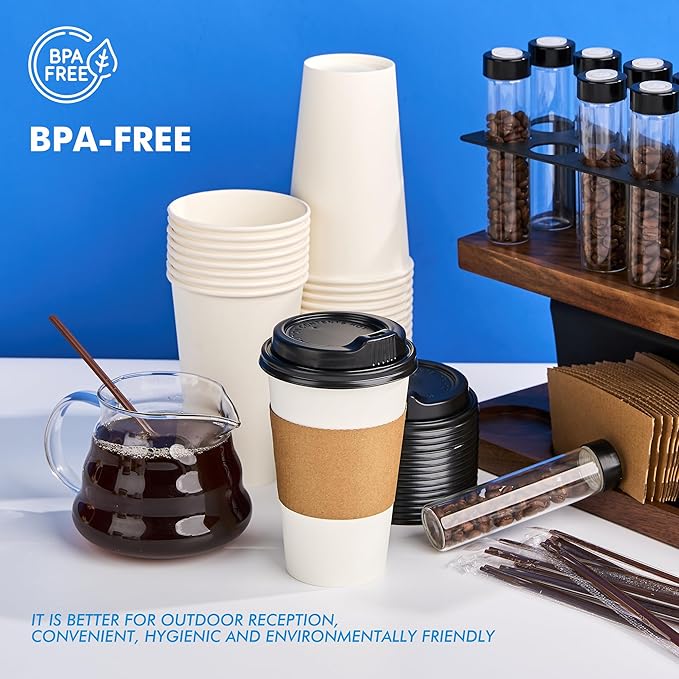 RACETOP 16 oz 100 Pack Disposable Paper Coffee Cups with Lids, Sleeves and Stirrers, Hot Cups, Paper Cups with Lids, Sleeves and Stirrers, Ideal for Home/Office