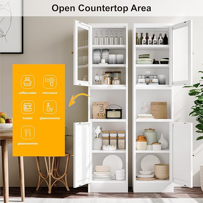 Metal Storage Cabinet with Glass Door, Tall Slim Pantry Organizer with 3 Adjustable Shelves (120LBS/Shelf), Anti-Tipping Waterproof Cabinet for Kitchen/Home Office/Small Spaces,(1PC,White)