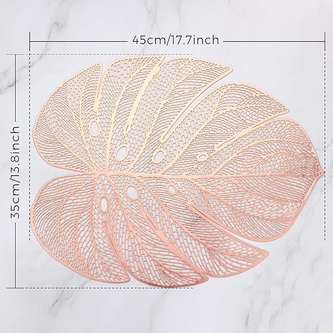 Evevda Rose Gold Leaf Shaped Vinyl Placemats for Dinner Table Set of 6 Metallic Plastic Place Mats Wipeable 6Pcs Table Mats for Wedding Annersary Dinner Table Decoration Mats(17.7x13.8inch/45x35cm)