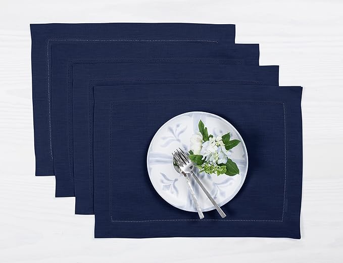 Solino Home Linen Placemats Set of 4 - Classic Hemstitch Navy Blue Placemats 14 x 19 Inch - 100% Pure Linen Table Mats for Winter, Easter