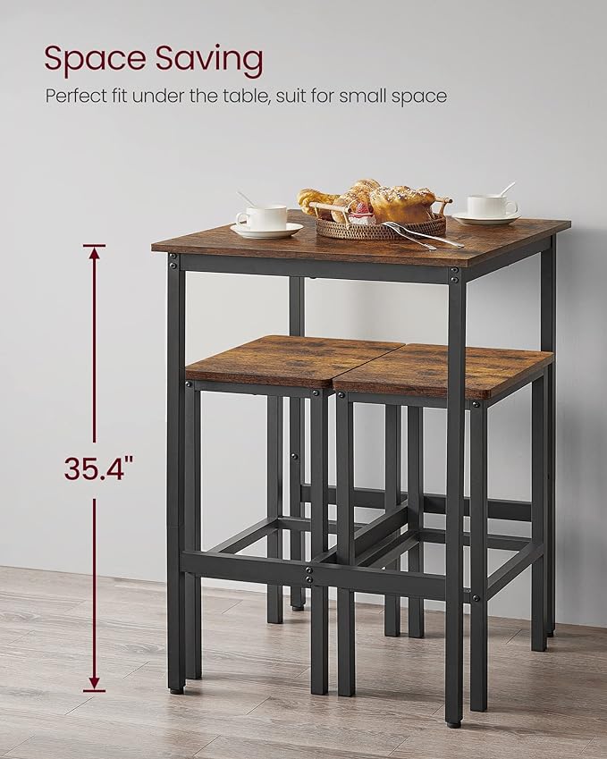 VASAGLE Bar Table and Chairs Set, Square Table with 2 Stools, Dining Pub Set for 2, Space Saving for Kitchen Breakfast, Living Room, Rustic Brown and Ink Black