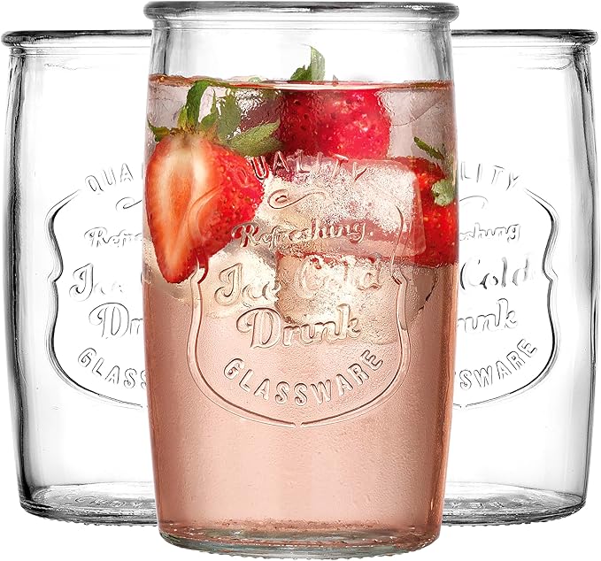 Glaver's Set of 8 Highball Glass Cups 20 OZ Stemless Tall Drinking Glasses For Everyday Use, Vintage Ice Cold Logo Tumbler Glassware for Bar, Juice, Cocktails, Beer, Water glasses.