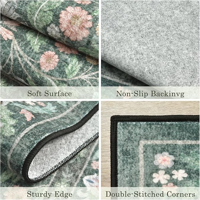 Green Floral 5x7 Area Rugs for Living Room Large Washable Rug Vintage Forest Low Pile Non Slip Stain Resistance Soft Carpet for Dining Room, Bedroom, Office Rug, Kids Room, Nursery Room, Playroom
