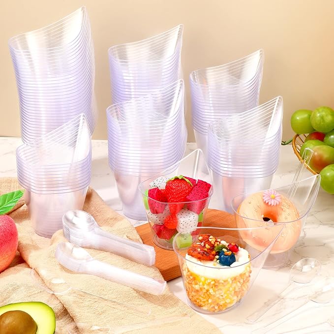 150 Pack Clear Plastic Dessert Cups with Tasting Spoons, Appetizer Cups Yogurt Parfait Bowls with Spoons for Party Supplies Catering Chocolate Desserts Buffet Food Display (7 oz)
