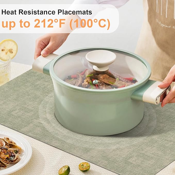 Faux Leather Placemats Set of 6, Heat Resistant Wipeable Washable Vinyl Place Mats, Waterproof Anti-Slip Dining Table Mats, Suitable for Indoor & Outdoor Use (Light Green)
