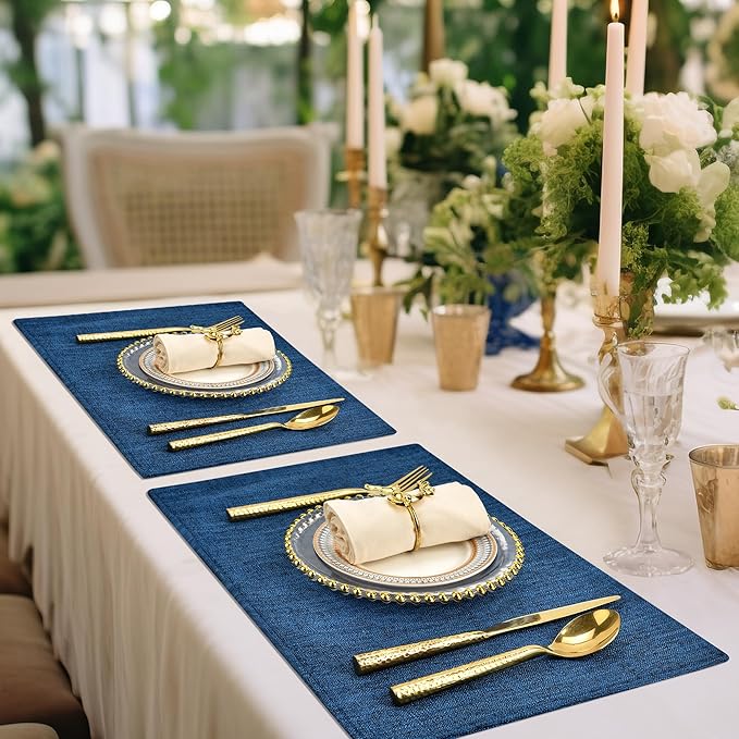 SLKQG Navy Linen Fabric Placemats Set of 8, Heat Resistant & Machine Washable Double-Layered Cloth Placemats for Dining Table, Indoor/Outdoor Use, Non-Slip Kitchen Table Mats (8, Navy)
