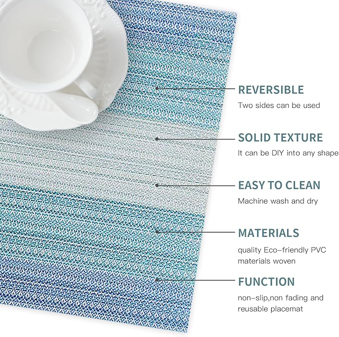 HeloHo Placemats Set of 4,Vinyl Table Place Mats Stain Resistant Foldable Placemats Washable Wipeable Placemat for Kitchen Dining Table Decoration Indoor Outdoor（Blue）