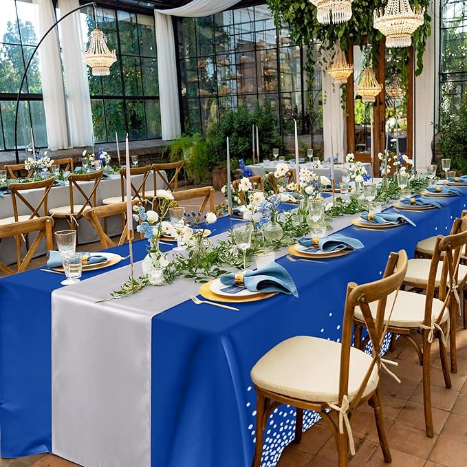 Breling 24 Packs Navy Blue and Silver Disposable Plastic Tablecloths and Satin Table Runner Set, 54 x 108 Inch Tablecloth, 12 x 108 Inch Table Runners for Wedding Graduation Birthday Baby Shower